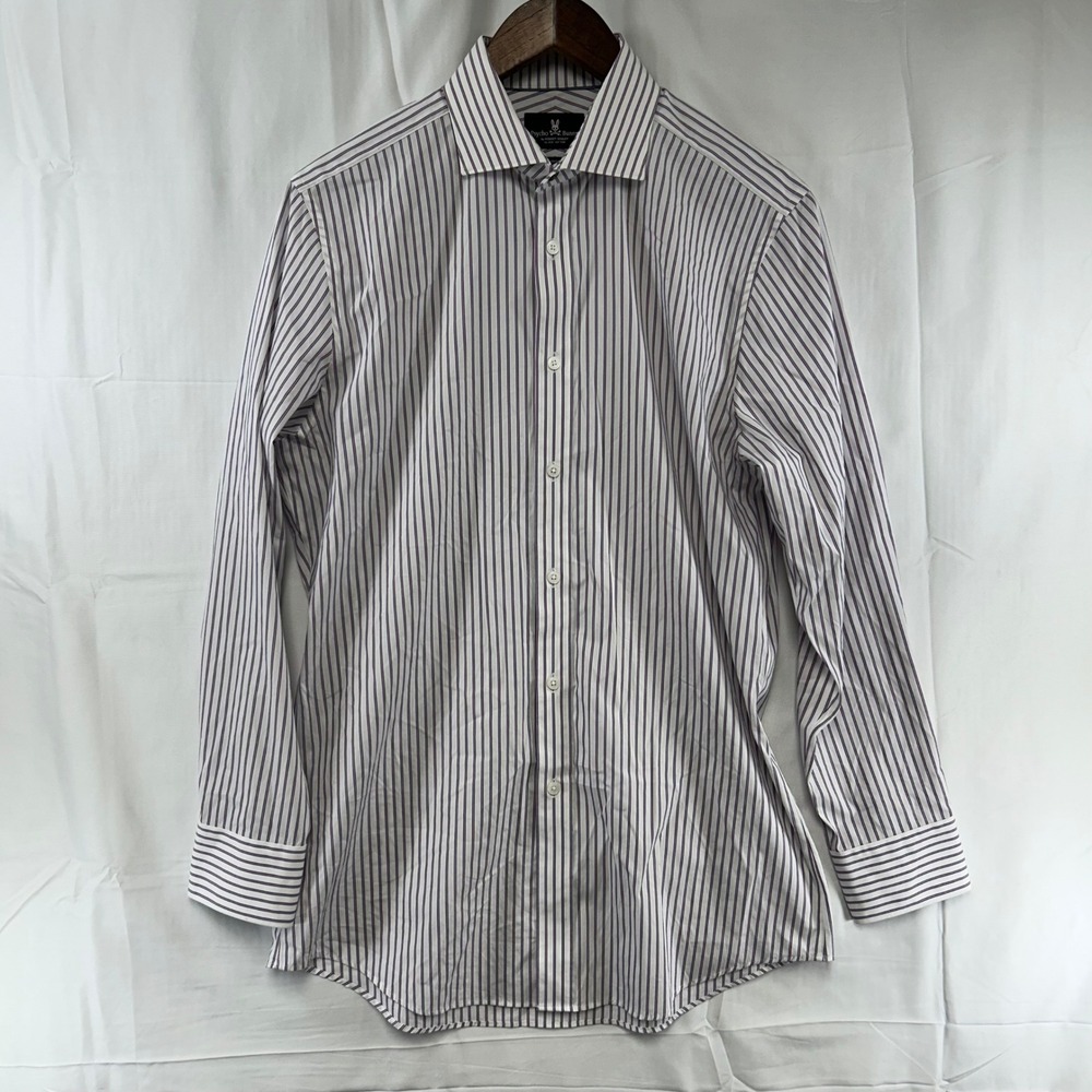 Psycho Bunny Dress Shirt Mens 15 32/33‎ White Purple Striped Modern Fit Stretch
